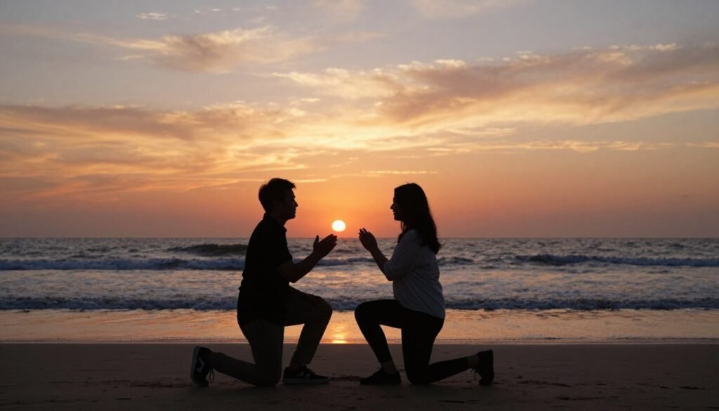 classic romantic beach proposal at sunset with elegant composition