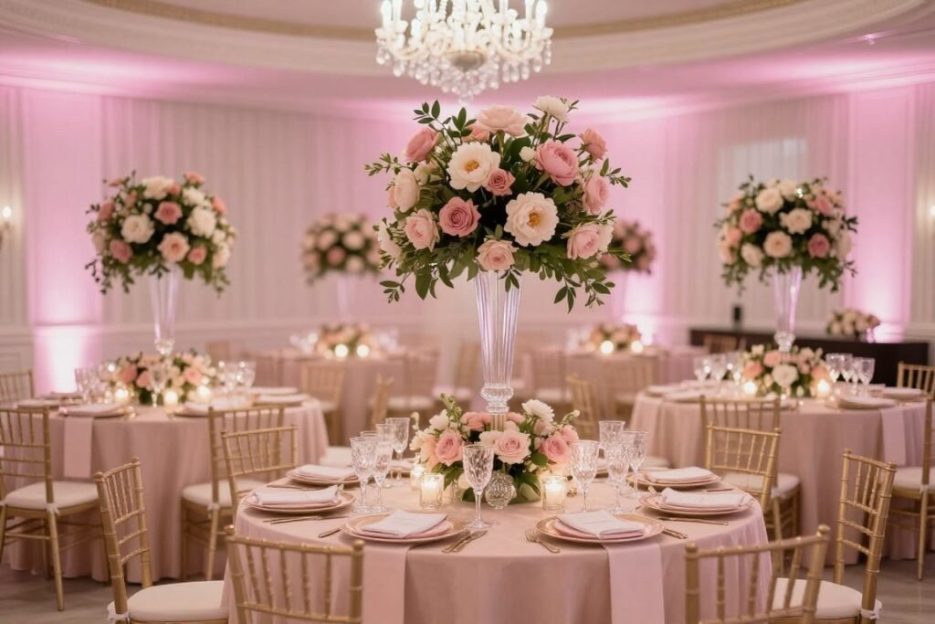 classic romantic wedding reception with elegant floral centerpieces and soft lighting
