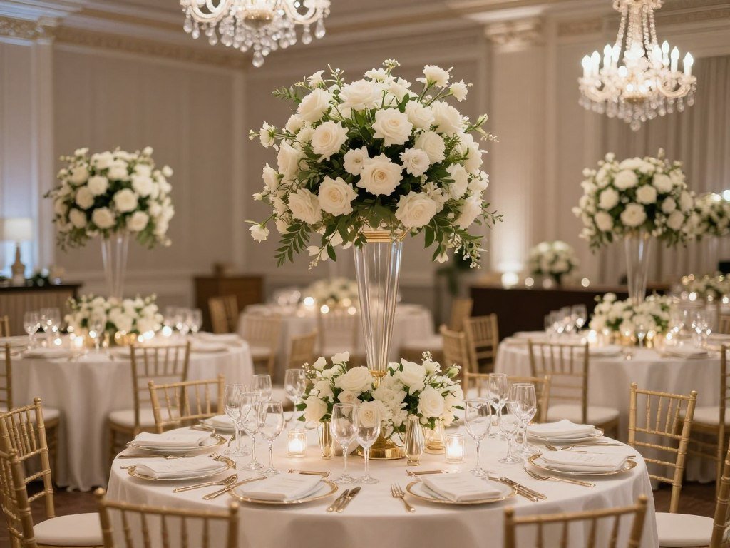 classic wedding color palette with white ivory and gold elegant décor