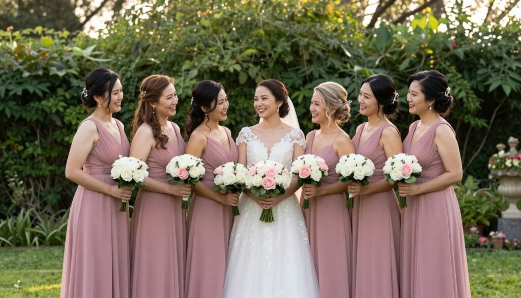 classic wedding party photos in elegant lineup formation