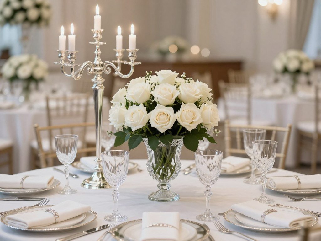 classic wedding table decoration with white roses and crystal candle holders