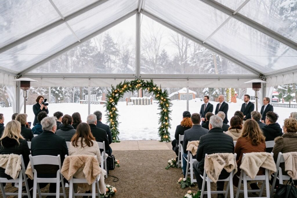 clear tent with heaters for winter outdoor wedding ceremony