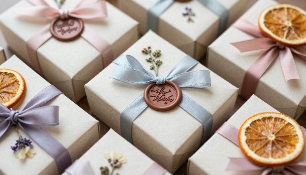 close-up details of special touches in bridesmaid boxes like wax seals and calligraphy