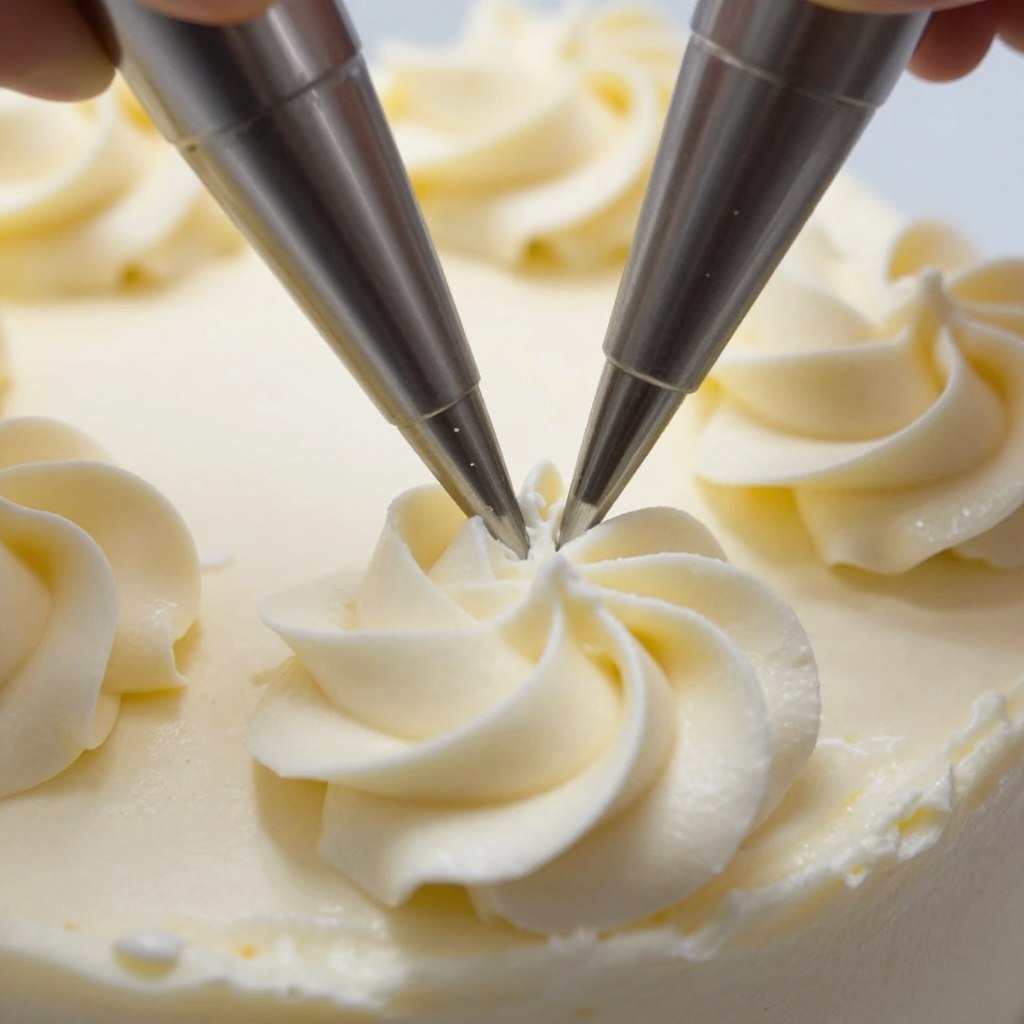close-up of Russian piping tips creating buttercream flowers