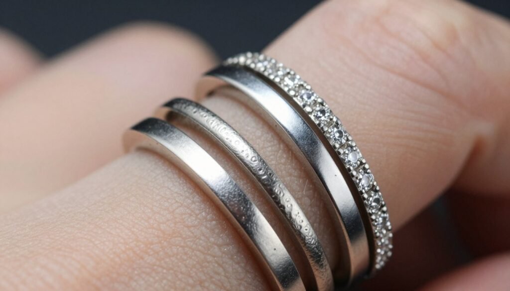 close-up of balanced wedding band stack showing different widths and textures