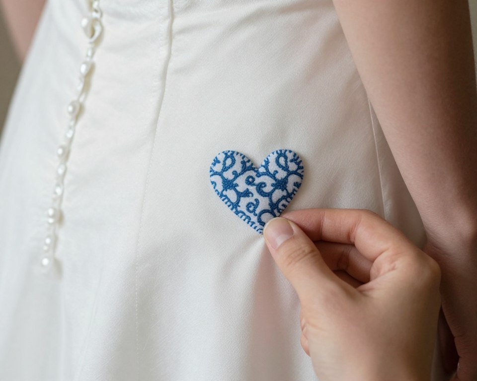close-up of blue fabric heart sewn inside wedding dress as something blue