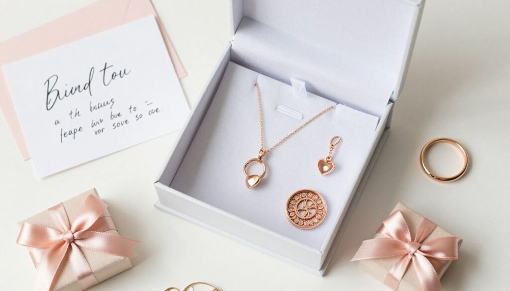 close-up of bridesmaid gift box contents including personalized items and sentimental details