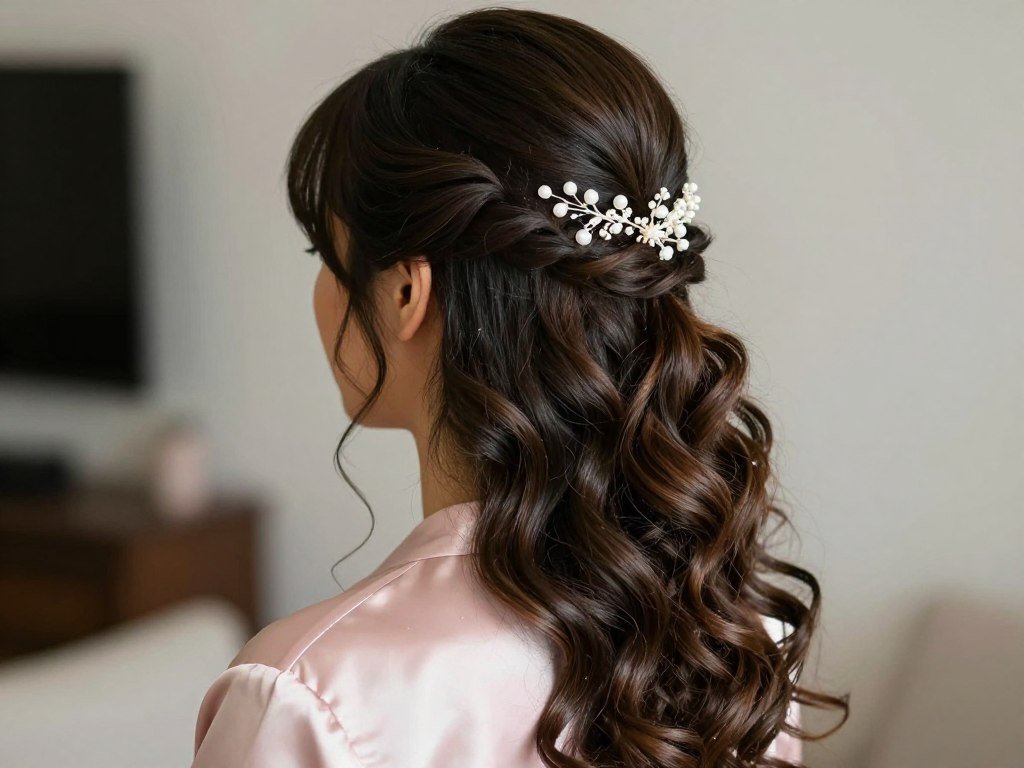 close-up of bridesmaid with romantic down hairstyle featuring soft curls