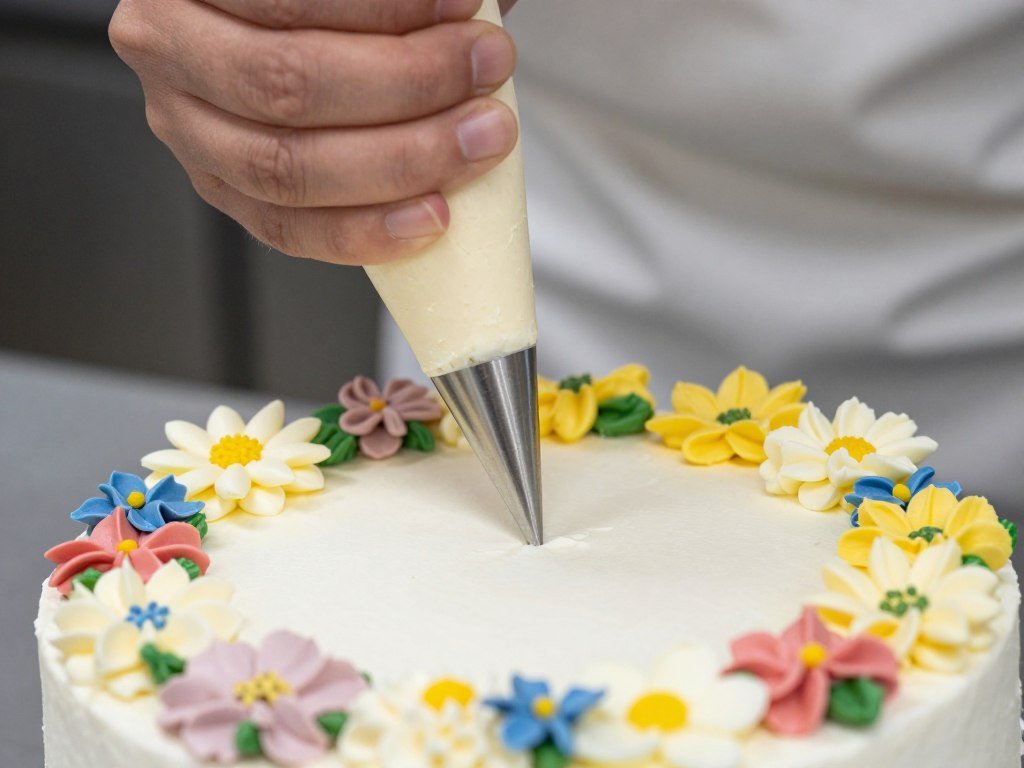 close-up of buttercream wildflowers being piped on cake