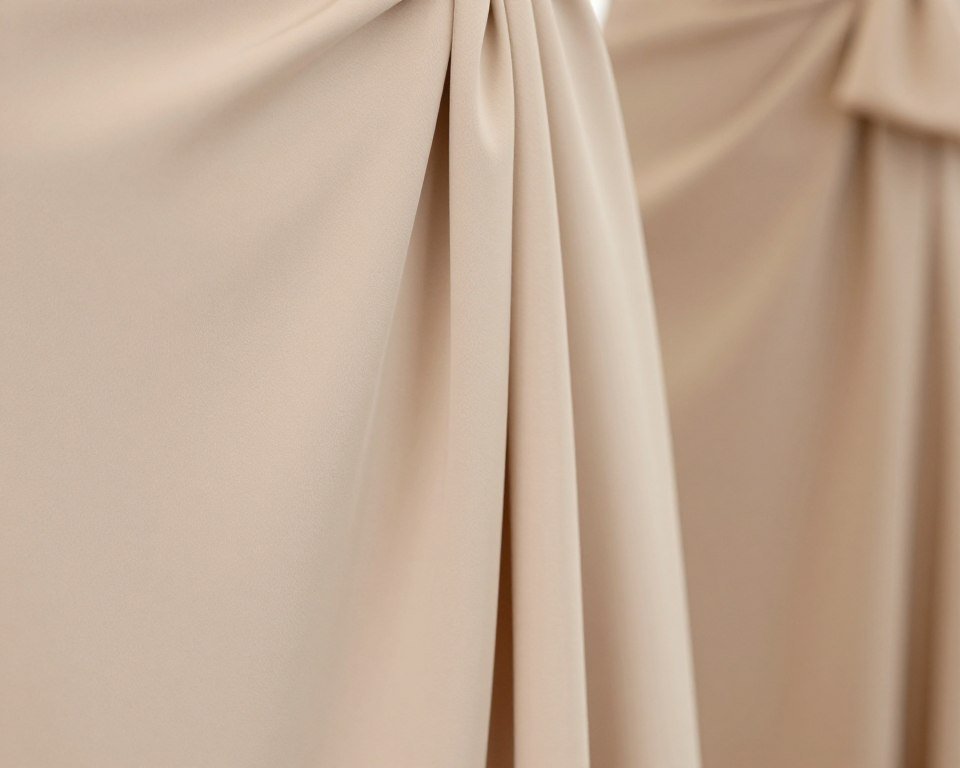 close-up of champagne colored bridesmaid dress fabric with elegant draping