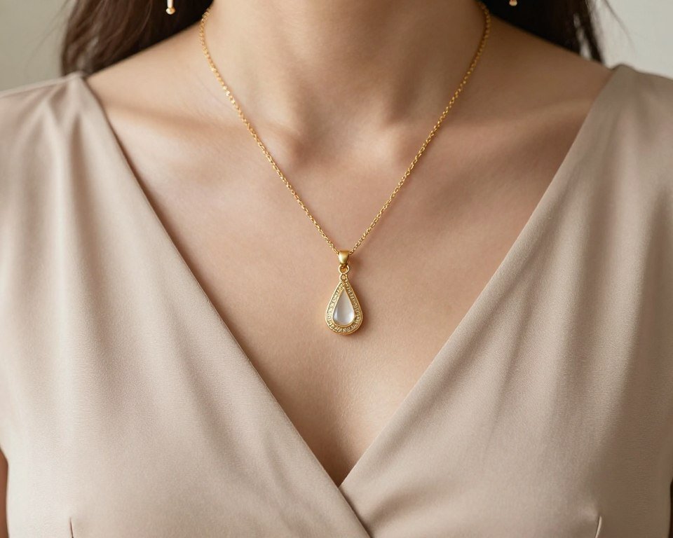 close-up of gold jewelry accessories on neutral bridesmaid dress