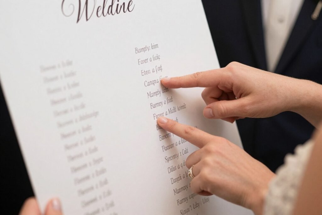 close up of guests finding their seats on wedding chart close up of guests finding their seats on wedding chart