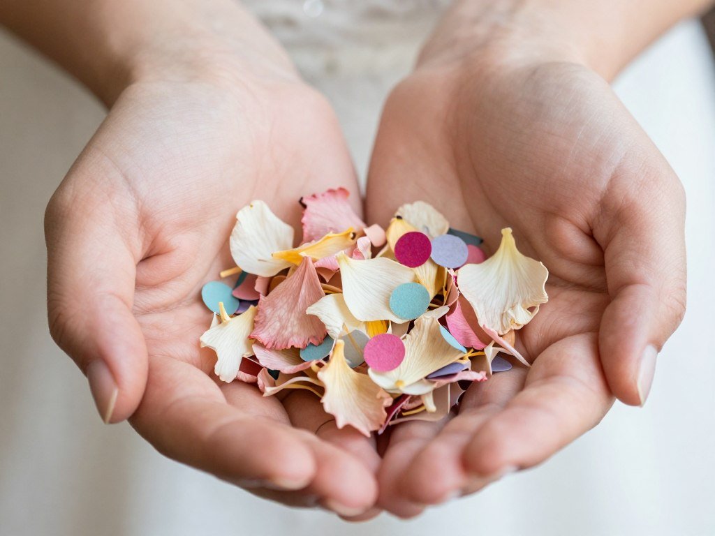 close up of hands holding biodegradable flower petal confetti ready to toss
