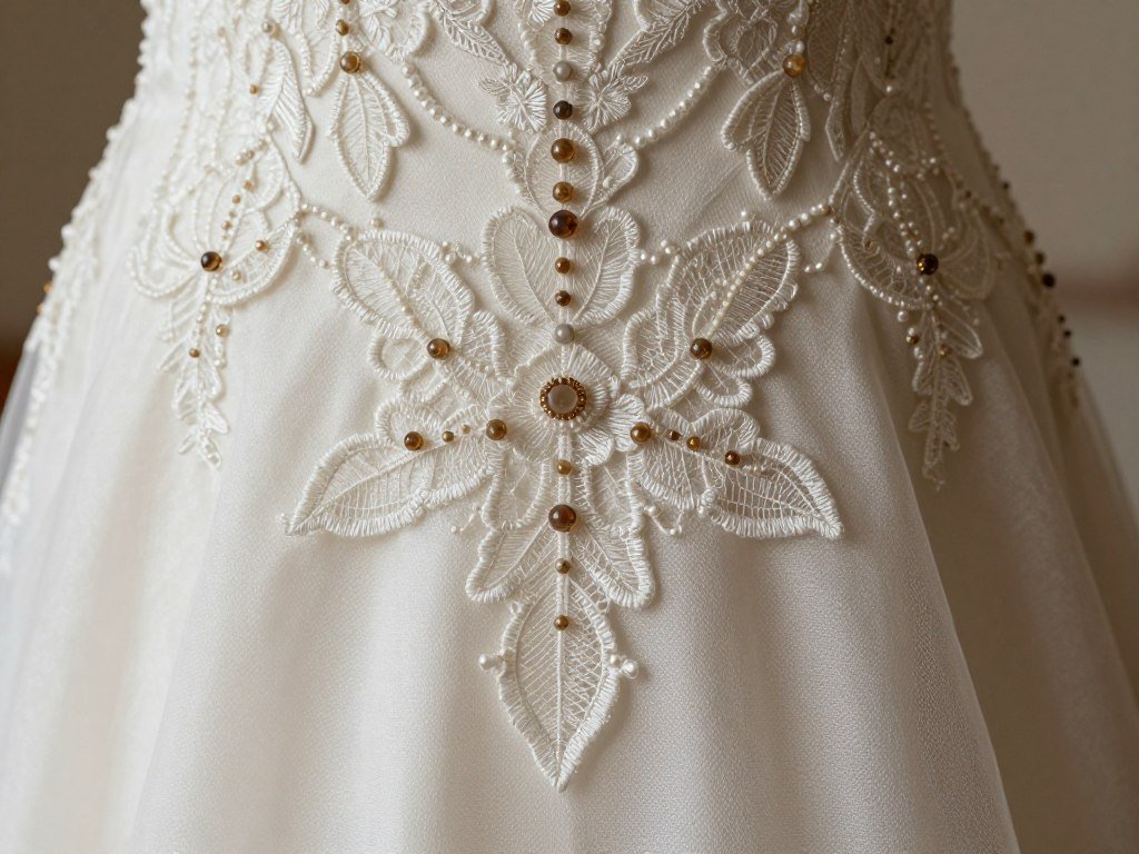 close up of vintage lace detail on wedding dress