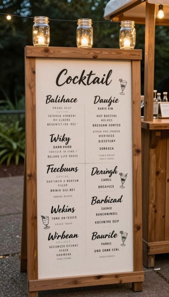 cocktail menu on wooden pallet bar sign