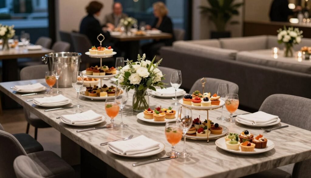 cocktail party table with appetizer displays