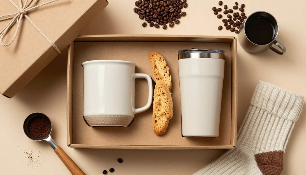 coffee gift box components laid out showing mugs coffee and accessories