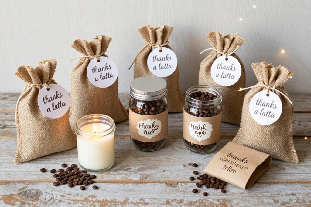 coffee-themed bridal shower favors arranged on display