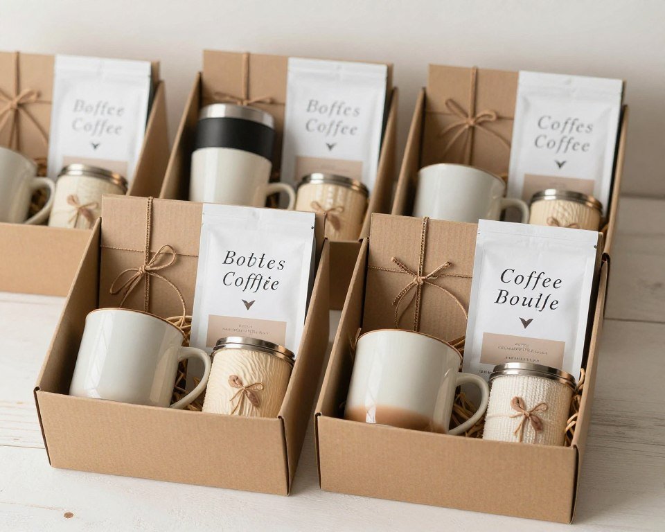 coffee themed bridesmaid boxes with mugs tumbler and coffee products