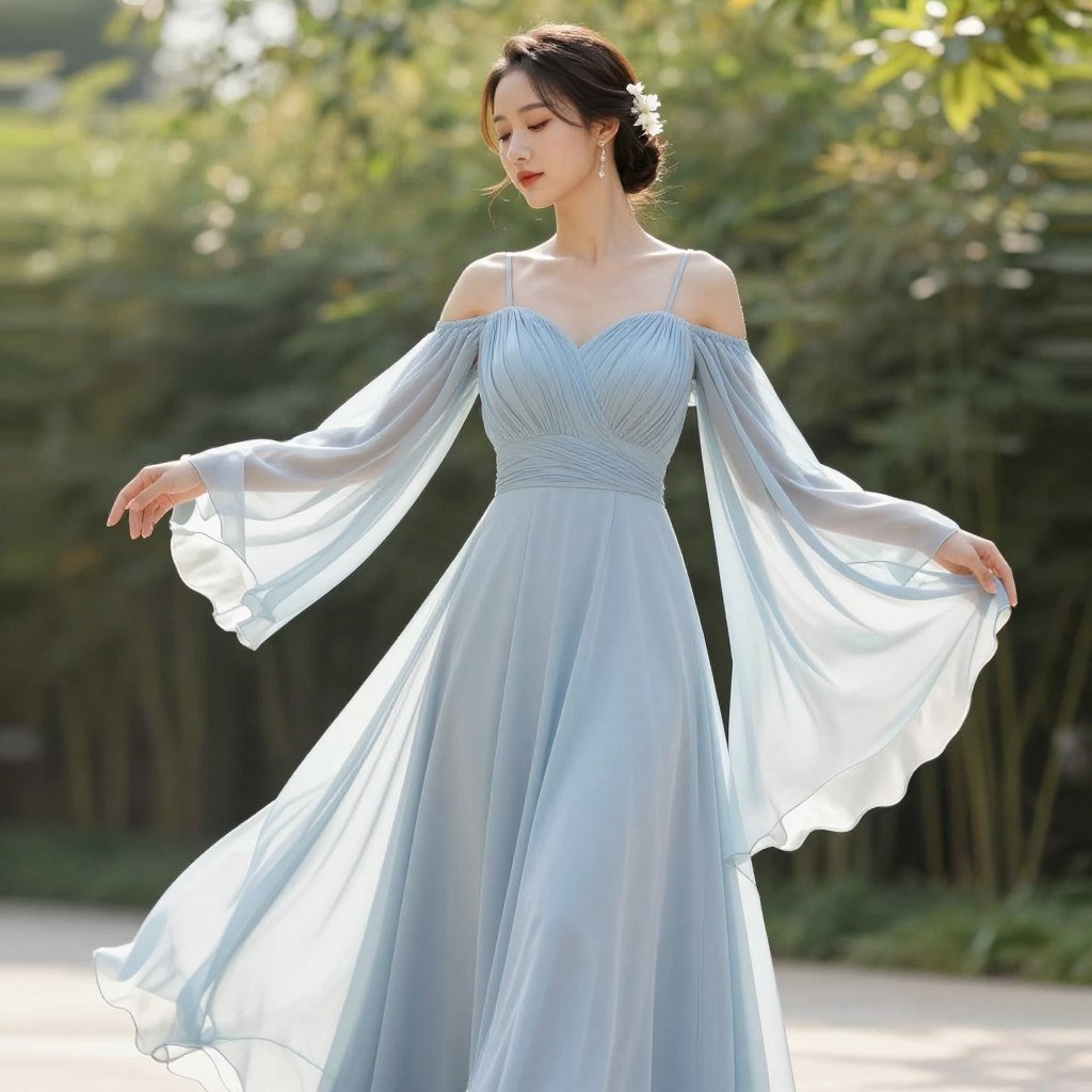 cold-shoulder dusty blue dress with flowing sleeves