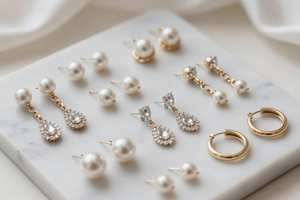collection of bridal earring styles including studs, drops, and chandelier earrings