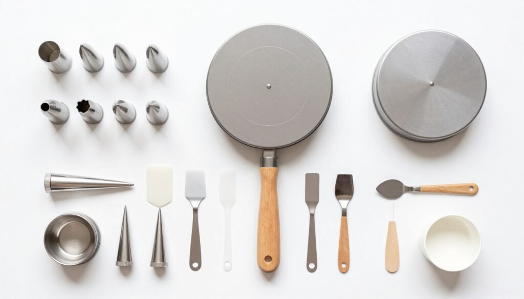 collection of cake decorating tools and supplies