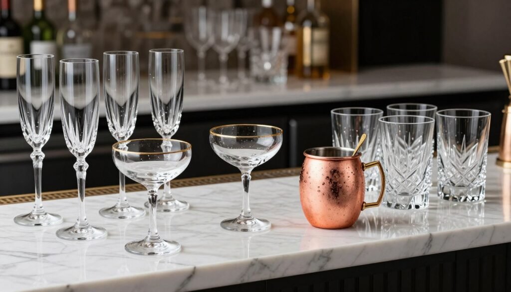 collection of elegant glassware displayed on wedding bar collection of elegant glassware displayed on wedding bar