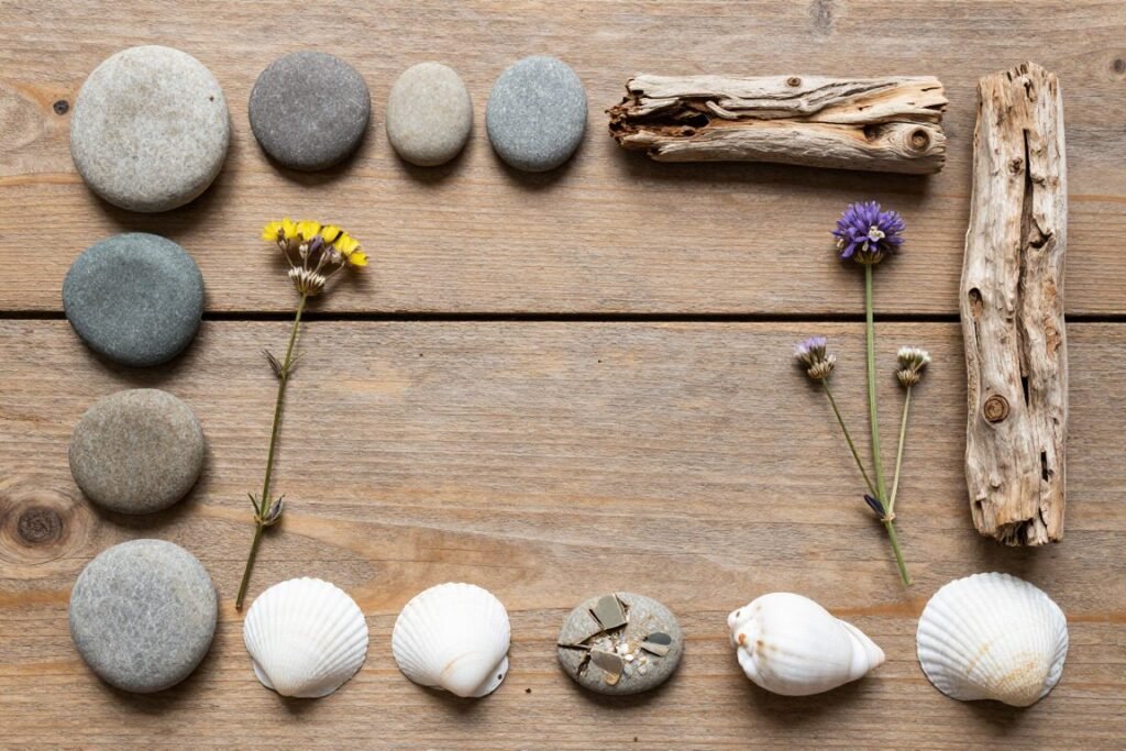 collection of free natural materials including smooth stones, driftwood, and shells arranged for wedding guest book collection of free natural materials including smooth stones, driftwood, and shells arranged for wedding guest book
