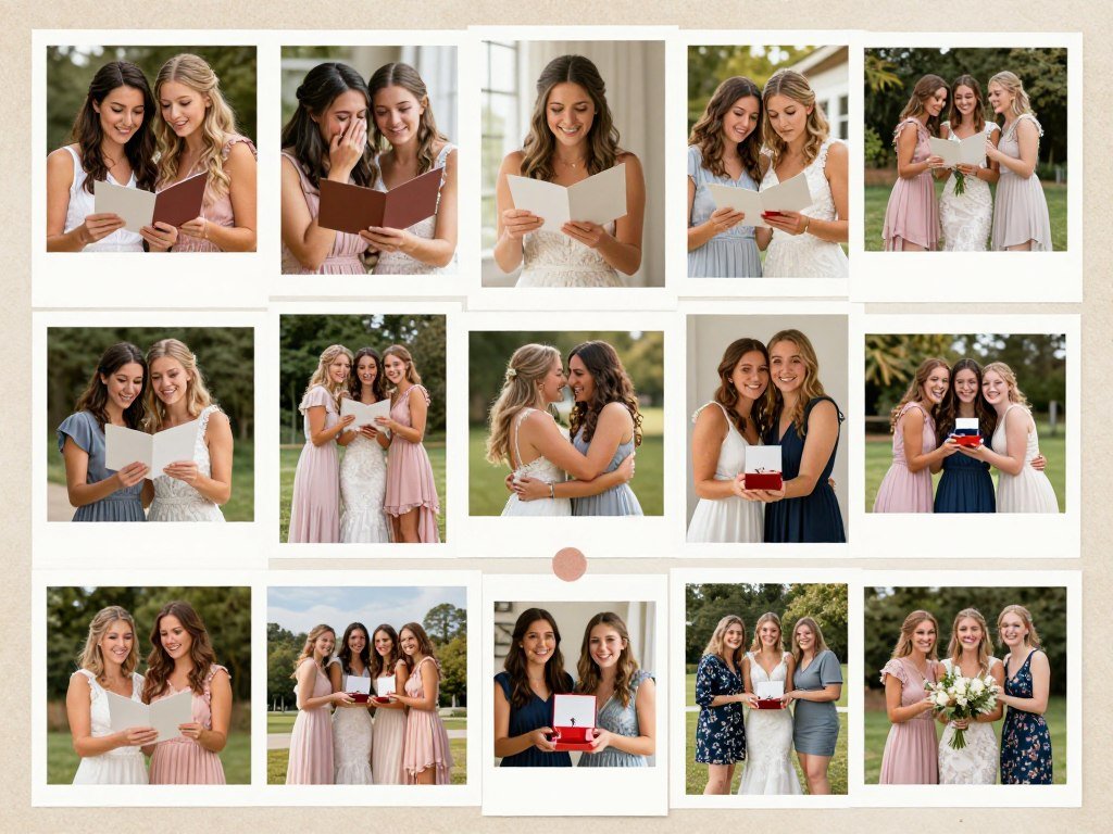 collection of photos showing different bridesmaid proposal moments