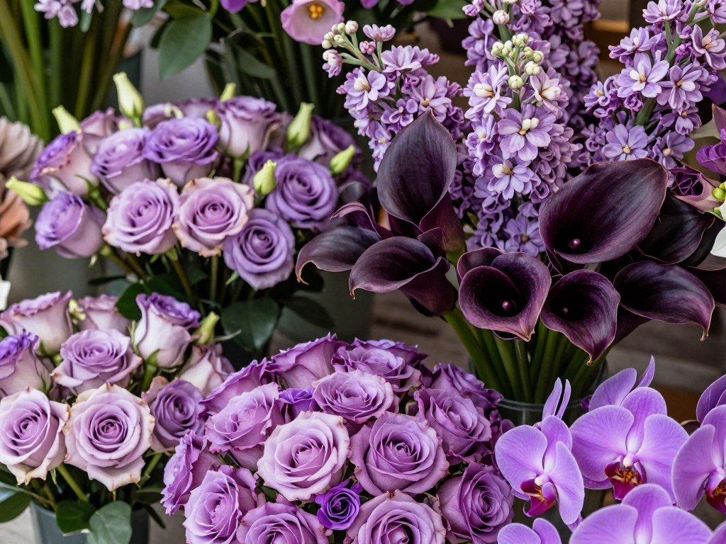 collection of purple wedding flowers in various shades