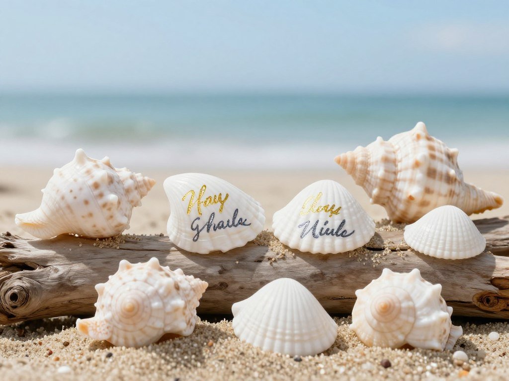 collection of seashells with guest signatures and messages written in metallic markers collection of seashells with guest signatures and messages written in metallic markers