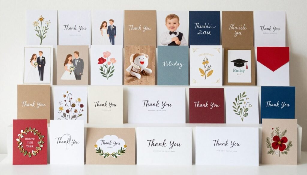collection of various thank you cards representing different occasions and styles