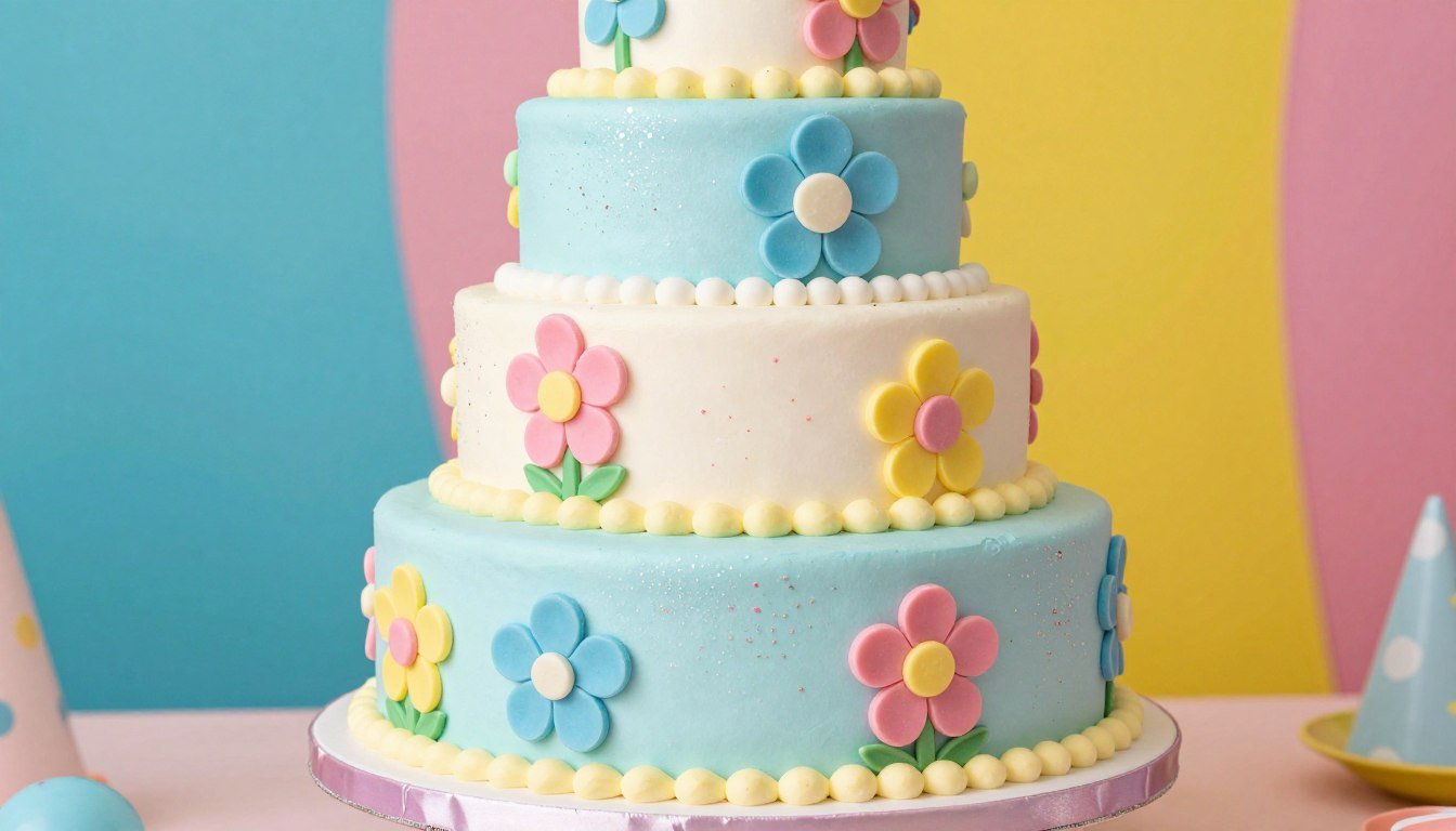 colorful 2000s birthday cake with fondant decorations and edible glitter