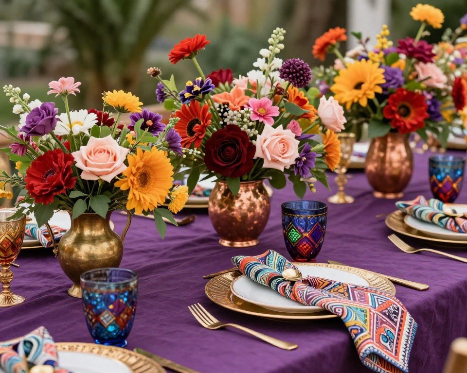 colorful bohemian wedding table with jewel tone decorations