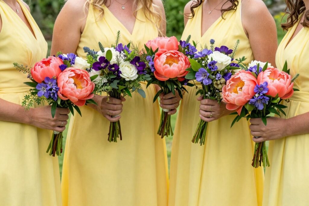 colorful bouquets with yellow bridesmaid dresses colorful bouquets with yellow bridesmaid dresses