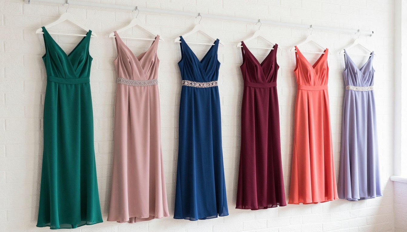 colorful bridesmaid dresses in various vibrant hues lined up for wedding party