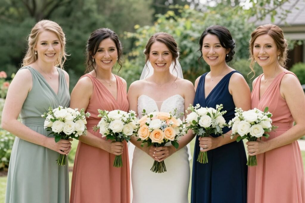 colorful bridesmaid dresses with coordinating floral bouquets in complementary colors