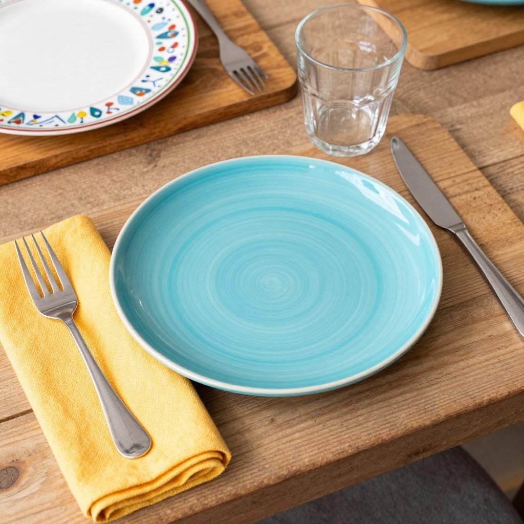 colorful casual place setting with patterned plates