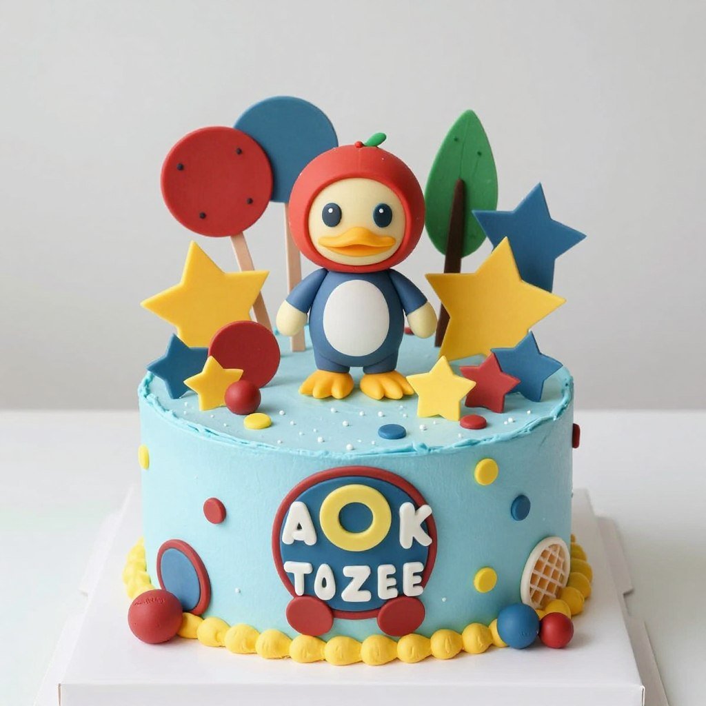 colorful character themed birthday cake from 2000s