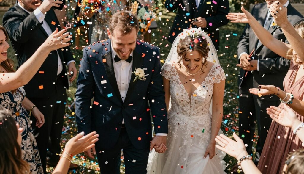 colorful confetti being tossed over bride and groom