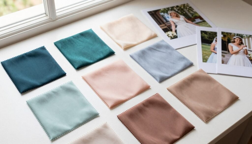 colorful fabric swatches for bridesmaid dresses laid out for color comparison