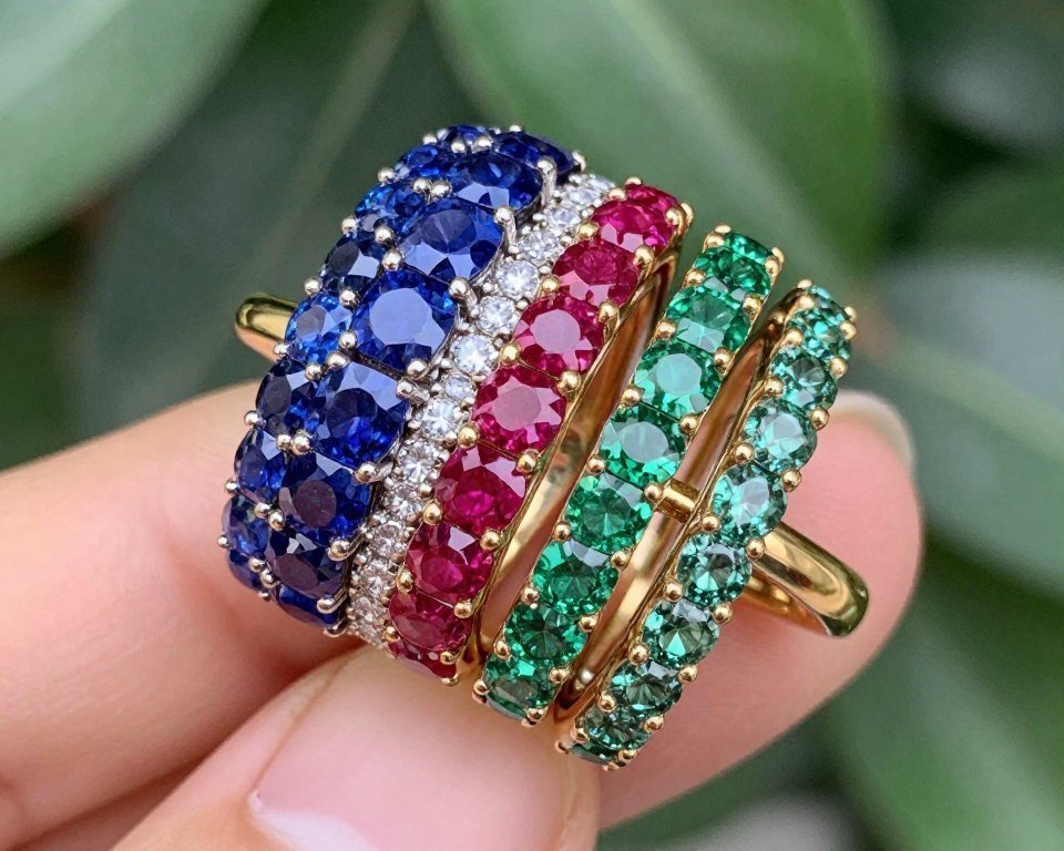 colorful gemstone ring stack with sapphires and emeralds