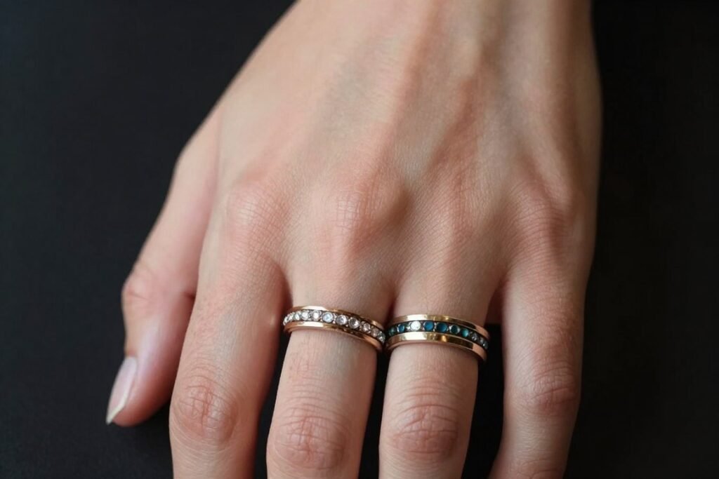 combination of traditional wedding ring worn over ring finger tattoo