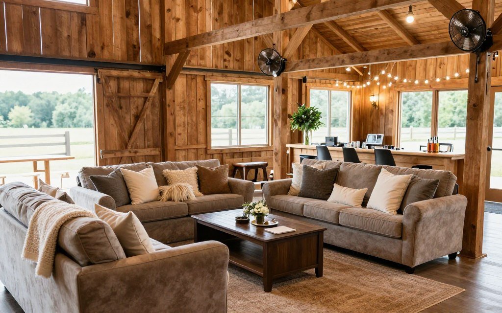 comfortable barn wedding guest seating area