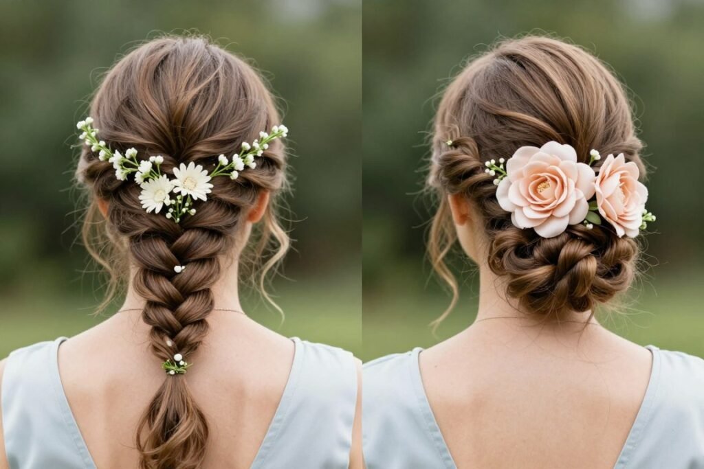 comparison fresh flowers vs silk flowers in bridesmaid hair