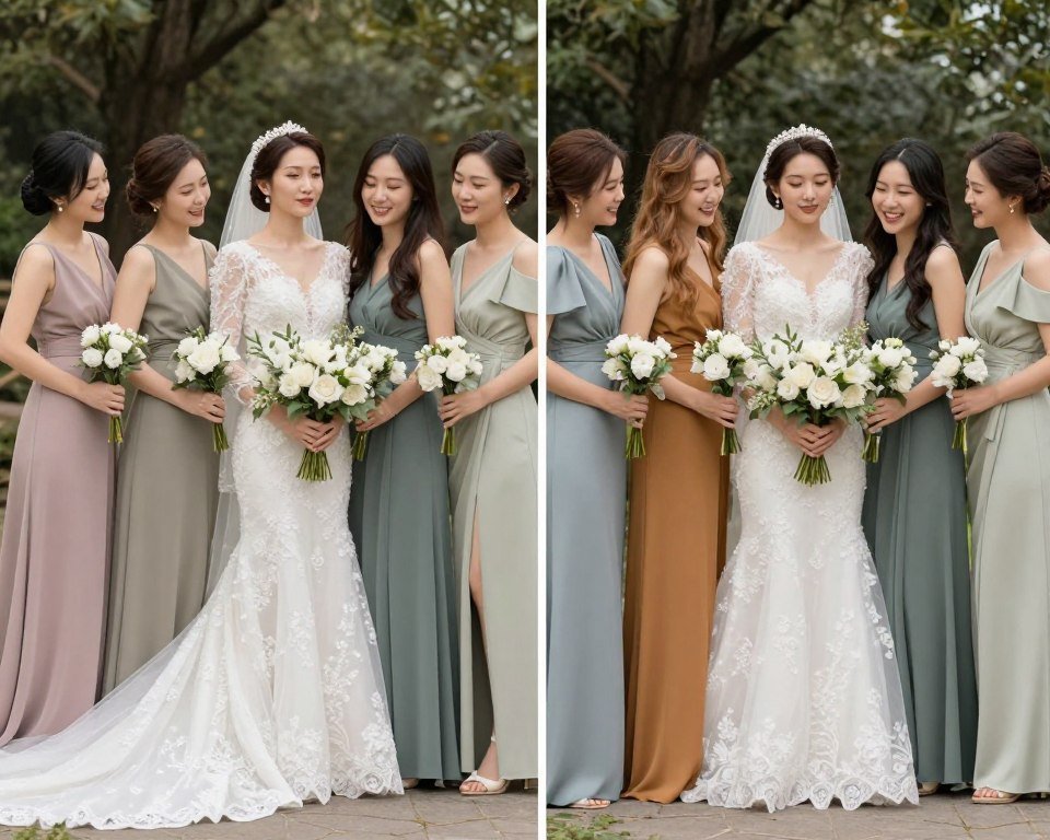 comparison of cohesive limited color palette versus overwhelming too many colors in bridal party