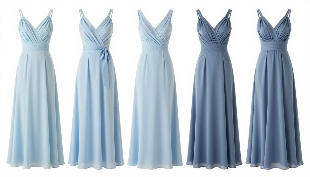 comparison of different light blue bridesmaid dress shades from pale to medium
