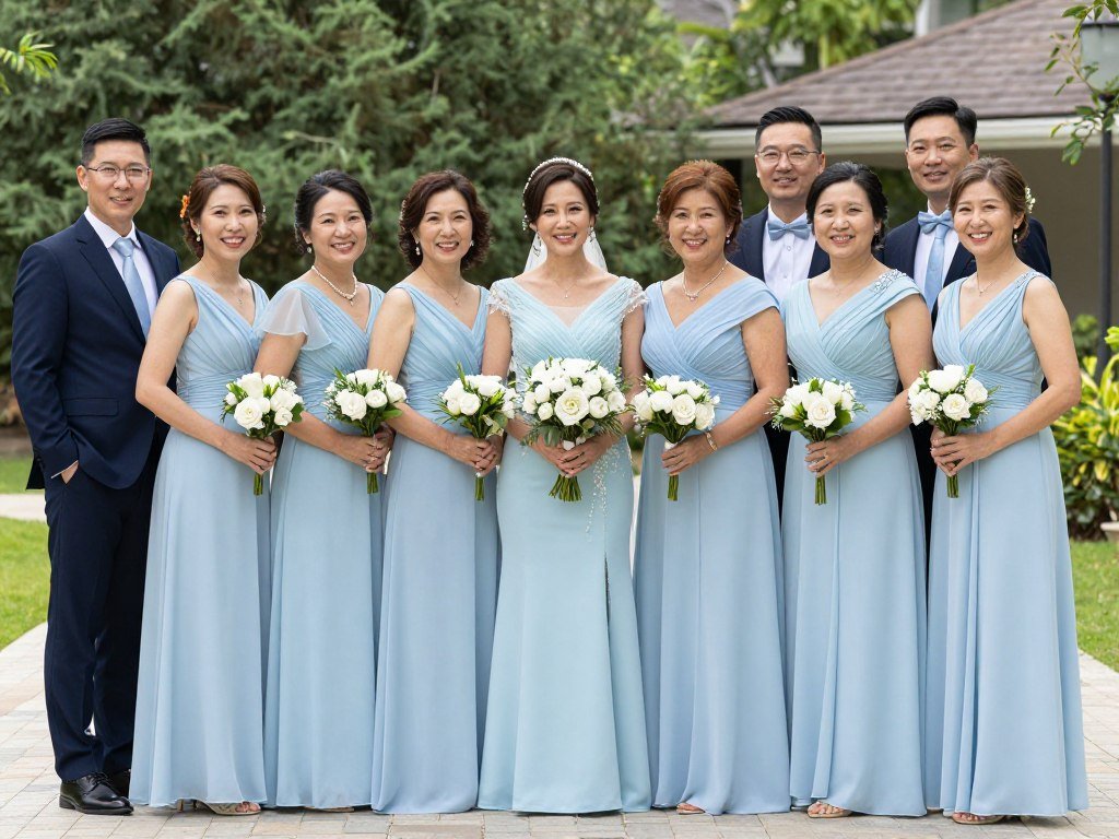 complementary mother of bride dress with blue wedding party