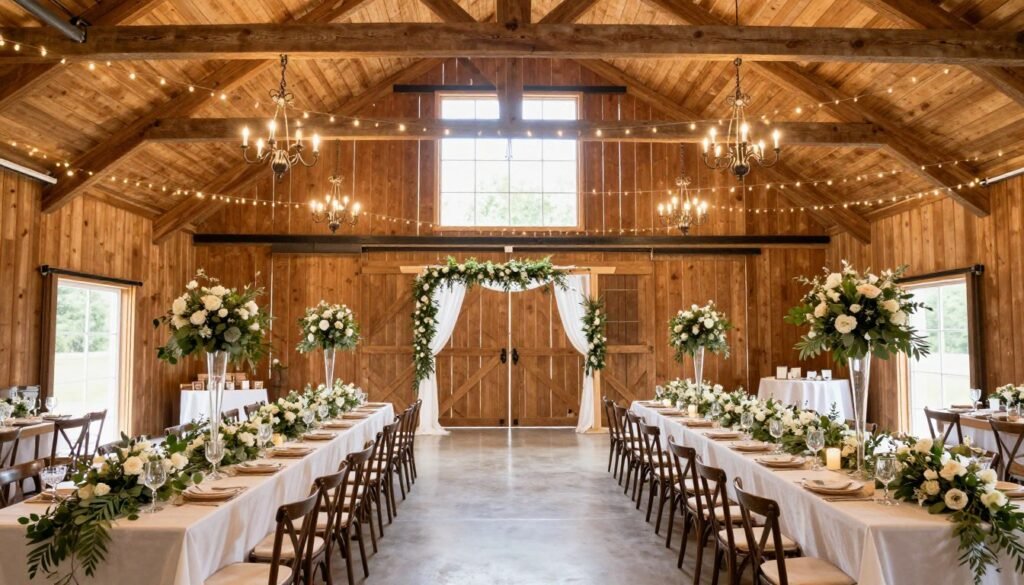 complete barn wedding setup before guests arrive