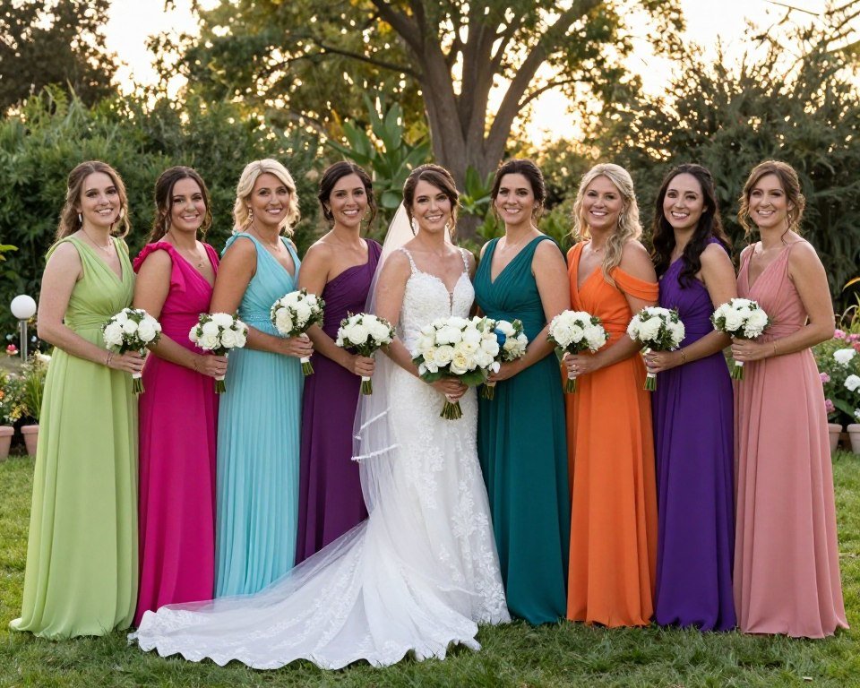 complete bridal party in colorful bridesmaid dresses with bride creating perfect wedding day photo
